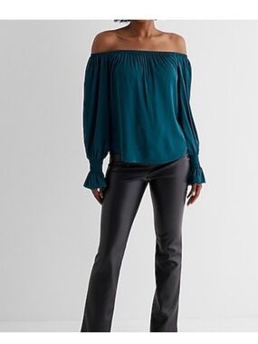 Express Off-Shoulder Satiny Long Sleeve Blouse Teal. Size large.